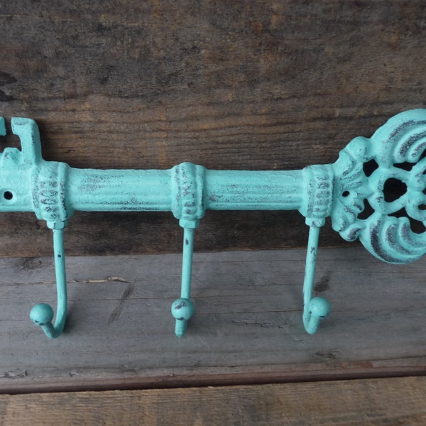 Cast Iron SKELETON KEY HOLDER - Wall Hook - Shabby Chic Aqua/Teal Distressed Hanger - Rustic Home Decor - Metal - Organization