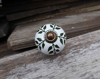 Green Vines Leaf Branch Leaves Ceramic Knob Drawer Pull Cottage Home Decor Dresser Cabinet ~ Elegant Romantic Elegant