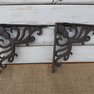 Set of 2 OCTOPUS  Shelf Brackets - Cast Iron Metal - Coastal Nautical Beach Sea Creature Animal Rustic - Wall Decor - Corner Trims