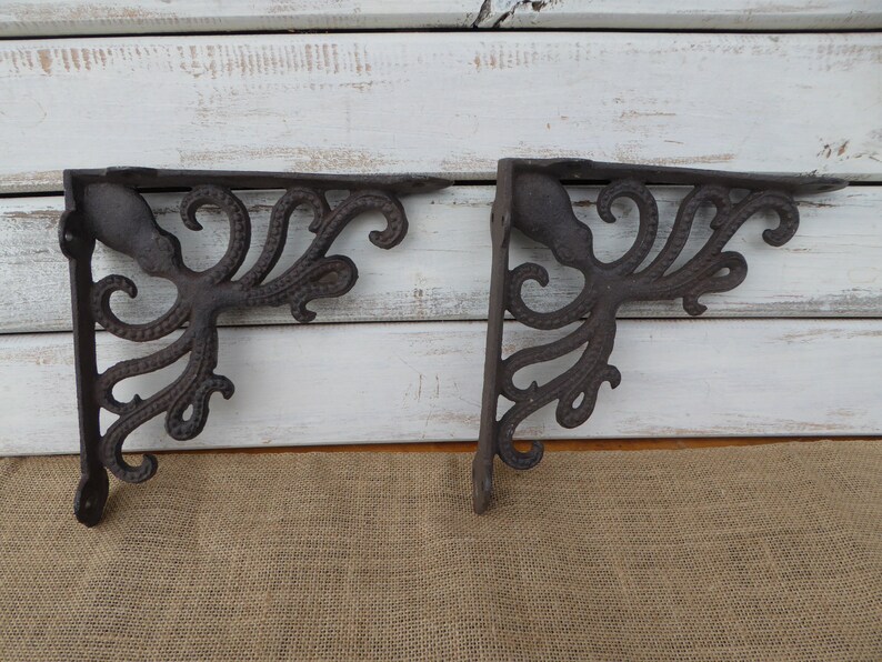 Set of 2 OCTOPUS  Shelf Brackets - Cast Iron Metal - Coastal Nautical Beach Sea Creature Animal Rustic - Wall Decor - Corner Trims 