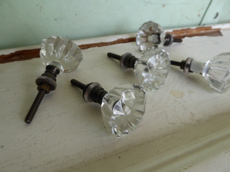 Flare Cut Flower Bud Star Clear GLASS Knob Drawer Pull Rustic Romantic Country image 5