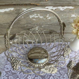 Vintage Godinger Silver Metal Wire Basket - Fruit - Centerpiece ~ Grapes Motif Basketweave Wedding Flower Girl ~ French Country BoHO