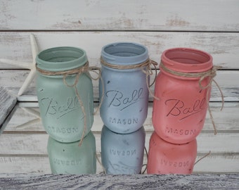 CHOOSE COLOR  Coral, Blue or Mint Green CARIBBEAN Distressed Ball Jars Painted Mason Jar Vase Wedding Table Centerpiece Beach Nautical Decor