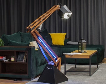 Oversized Wooden Floor Lamp - Electrically Adjusted Arm - Industrial Accent Decor, Home, Office, Working Space, Unique Character Lighting