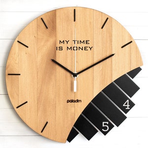 Boss Office Wall Clock, Manager Gift, TIME IS MONEY Laser Engraving, Unique Handcrafted 12 Wood Wall Clock, Designer Art Decor by Paladim light linded / black