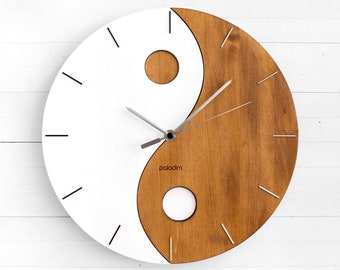 Handmade ZEN Wooden Wall Clock 12", Round Yin Yang Wood Clock, Modern Wall Decor Art, Craft Gift for Artists