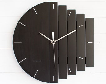 Geometric Black Wall Clock, Industrial Style Home Wall Decor, Component Wooden Abstract and Unusual Style Gift, Home Gift, Man Cave Gift