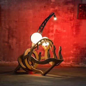 Abstract Wooden Floor Lamp Sculpture RIBA angler fish made of two barber chairs image 1