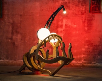 Abstract Wooden Floor Lamp Sculpture - RIBA “angler fish” made of two barber chairs
