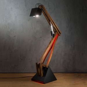 Wooden Oversized Floor Lamp Electrically Adjusted Arm Industrial Accent Decor, Home, Office, Working Space, Unique Character Lighting image 1