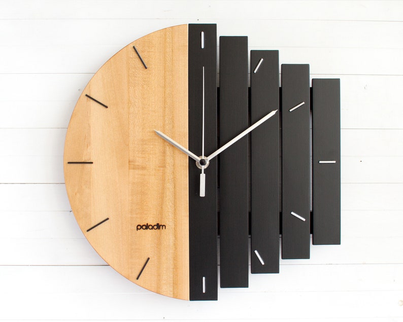 Industrial 12 Wooden Wall Clock, Yin and Yang Concept, Unique Component Wall Clock, Home Decor Gift, Unusual Personalized Handmade Gift light linden / black