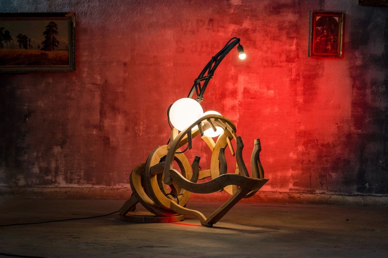 Abstract Wooden Floor Lamp Sculpture RIBA angler fish made of two barber chairs image 1