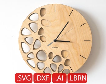 Fichier numérique d'horloge murale futuriste organique - SVG/DXF pour découpe laser CNC ou routeur, « Kletka »