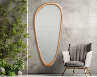 Miroir mural avec cadre en bois organique, AMEBA, miroir asymétrique, sur commande, en bois de tilleul, rétroéclairage LED en option