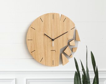 Shattered broken abstract wall clock 12" - VREME, Art Timepiece, Timeless Wall Art, Made by hand from Oak, Time Representation, Unique Gift