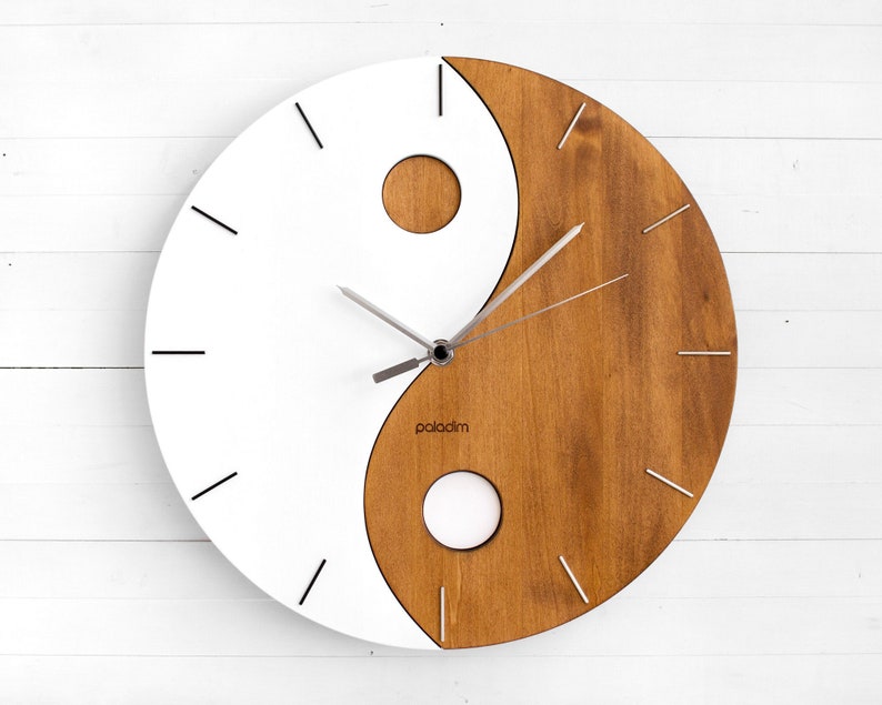 Handmade ZEN Wooden Wall Clock 12, Round Yin Yang Wood Clock, Modern Wall Decor Art, Craft Gift for Artists image 1