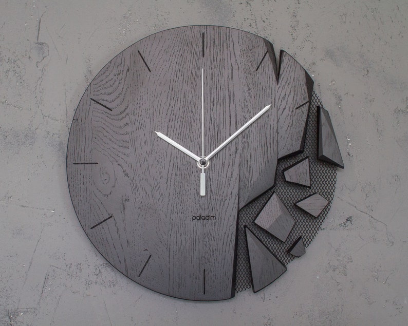 Wall Clock VREME 12 Shattered Modern Art Timepiece Decoration, Made to Order, Oak Wood, Monochrome Grey, Ultimate Christmas Gift image 4