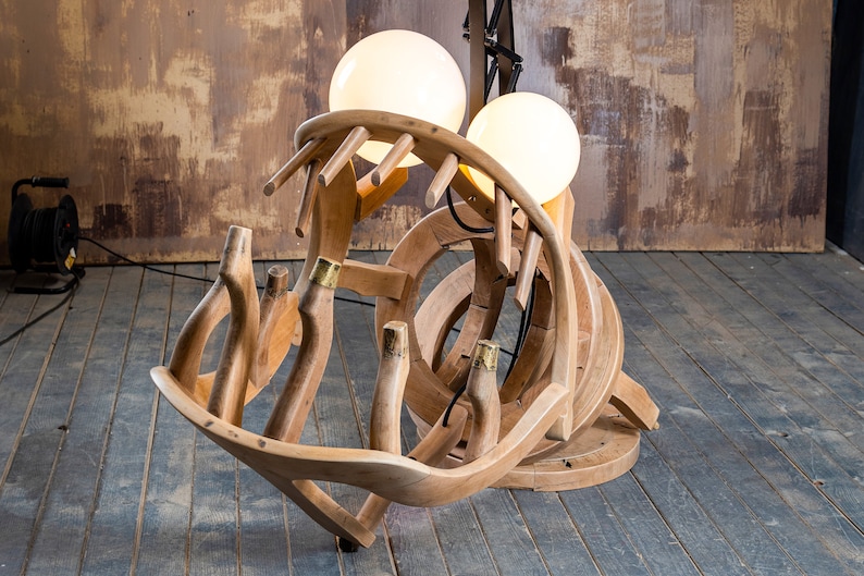 Abstract Wooden Floor Lamp Sculpture RIBA angler fish made of two barber chairs image 3