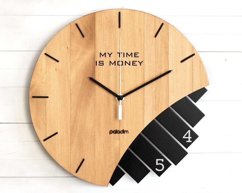 Boss Office Wall Clock, Manager Gift, TIME IS MONEY Laser Engraving, Unique Handcrafted 12 Wood Wall Clock, Designer Art Decor by Paladim light linded / black