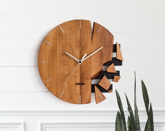 Shattered broken abstract wall clock 12" - VREME, Different time in pieces representation, Wooden wall decor made by hand for office or gift