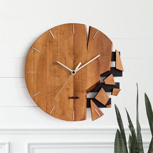 Shattered broken abstract wall clock 12" - VREME, Different time in pieces representation, Wooden wall decor made by hand for office or gift