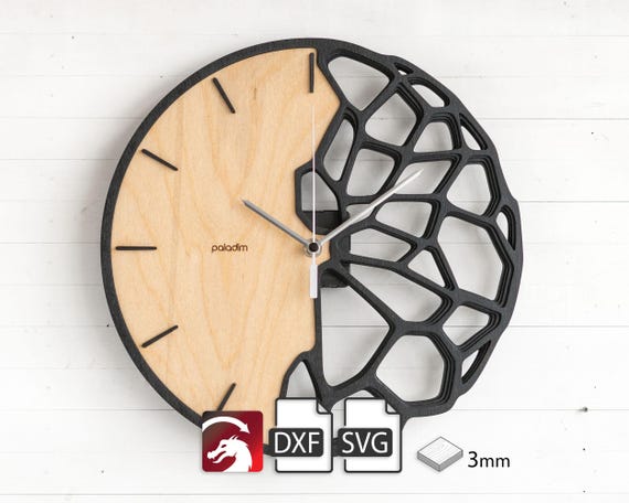 Futuristic Organic Wall Clock, Original Digital Design - svg, dxf for CNC Laser Cutting made of 3mm Plywood, DIY Project, "Kletka 3.0"