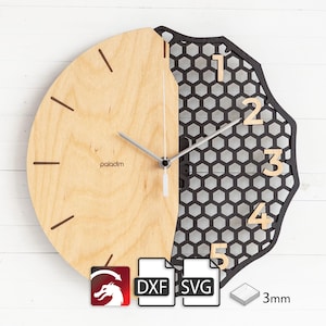 May include: A black and wood clock with a honeycomb design and Roman numeral hour markers. The clock is 3mm thick and comes in a digital file format for cutting.