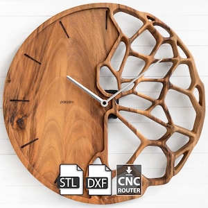 May include: A round wooden wall clock with a unique design. The clock features a solid wood half and a geometric openwork design on the other half. The clock hands are silver. The word "paladm" is printed on the clock face. Includes STL, DXF, and CNC Router file icons.