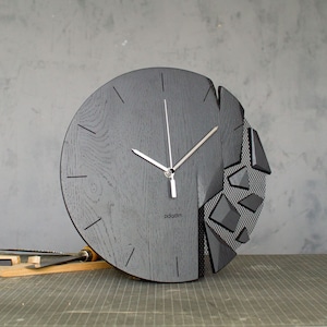 Wall Clock VREME 12 Shattered Modern Art Timepiece Decoration, Made to Order, Oak Wood, Monochrome Grey, Ultimate Christmas Gift image 1