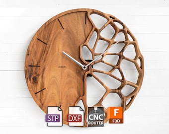 May include: A wooden wall clock with a unique design. The clock face is partially solid and partially open, with an intricate, geometric pattern. The clock hands are silver. The clock has the word "paladim" printed on the face. The clock is on a white background.