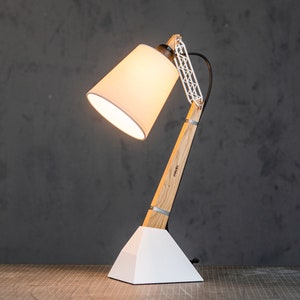 Articulated Wooden Lamp, Industrial Bedside Bedroom Lighting, Modern Custom Build Home and Office Decor, Handmade Wood Lamps by Paladim light linden / white