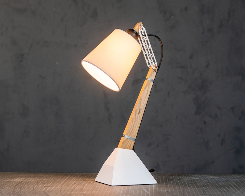 Articulated Wooden Lamp, Industrial Bedside Bedroom Lighting, Modern Custom Build Home and Office Decor, Handmade Wood Lamps by Paladim light linden / white