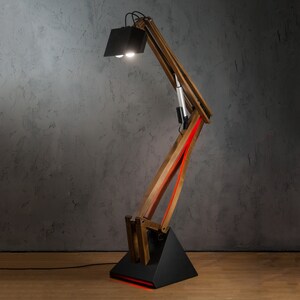 Oversized Wooden Floor Lamp Electrically Adjusted Arm Industrial Accent Decor, Home, Office, Working Space, Unique Character Lighting image 9