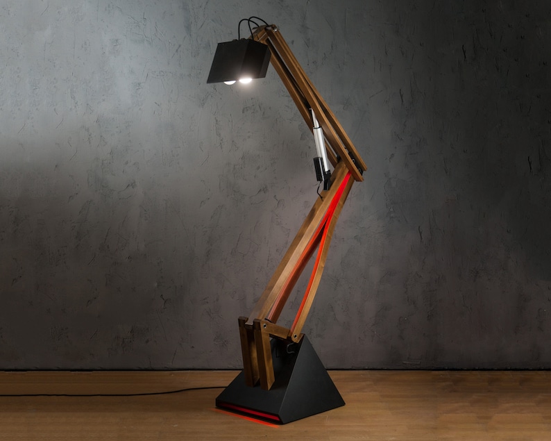 Oversized Wooden Floor Lamp Electrically Adjusted Arm Industrial Accent Decor, Home, Office, Working Space, Unique Character Lighting image 9