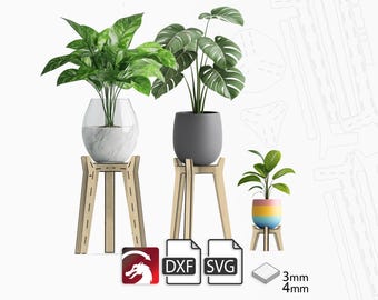 レーザーカットプラントスタンドセット：3 mmおよび4 mm合板 DXF SVG（デジタルダウンロード）