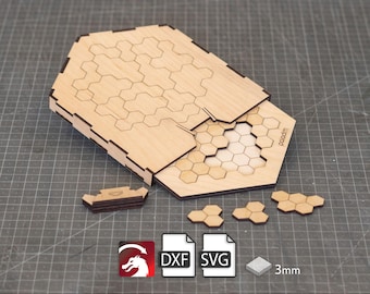 May include: A wooden hexagonal puzzle box with a honeycomb pattern. The box is made of 3mm thick wood and comes with a DXF and SVG file for laser cutting.
