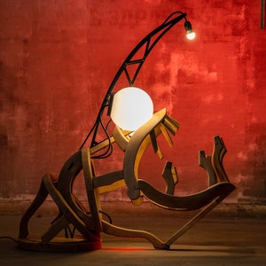 Abstract Wooden Floor Lamp Sculpture RIBA angler fish made of two barber chairs image 4