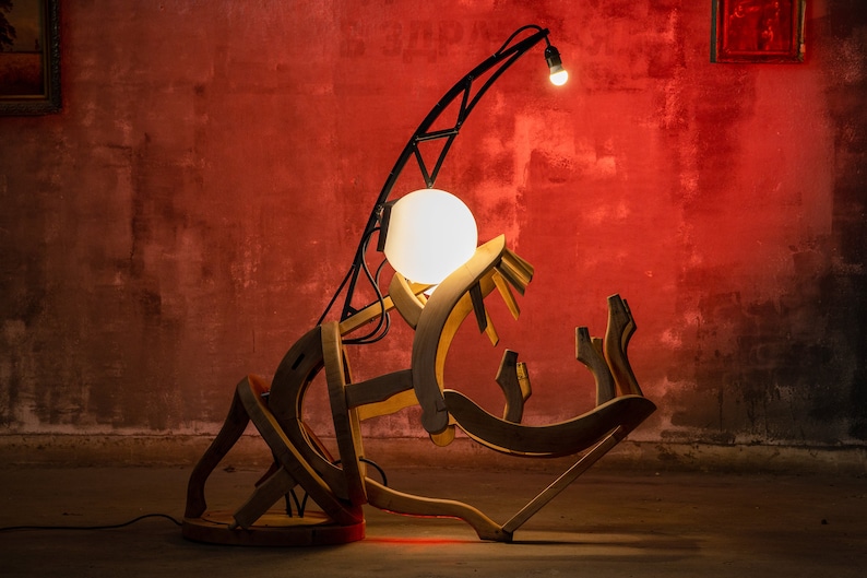 Abstract Wooden Floor Lamp Sculpture RIBA angler fish made of two barber chairs image 4