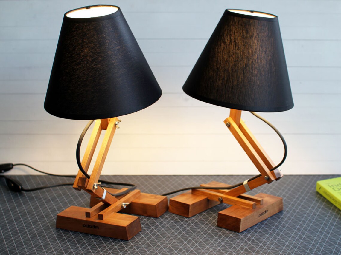 Industrial Bedside Lamps Set of Two 2x Adjustable Wooden Etsy