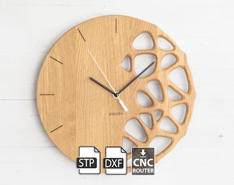 Organic Wooden Wall Clock, Original Digital Design - for CNC Router Cutting - stp, f3d, dxf files, DIY Project, "Kletka"