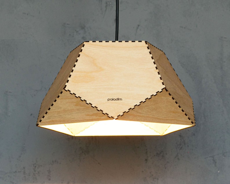 Geometric Wood Pendant Light, Dodecahedron Semi Solid, Modern Industrial Home and Office Lighting, 3mm Birch Plywood Laser Cut image 1