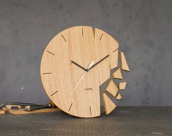 Shattered broken abstract wall clock 12" - VREME, Art Timepiece, Timeless Wall Art, Made by hand from Oak, Time Representation, Unique Gift