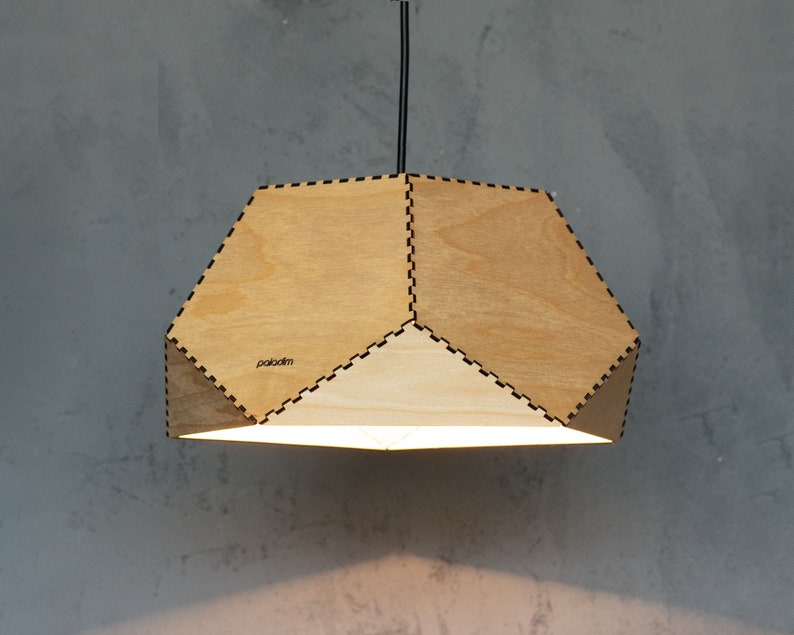 Geometric Wood Pendant Light, Dodecahedron Semi Solid, Modern Industrial Home and Office Lighting, 3mm Birch Plywood Laser Cut image 3