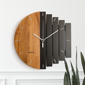 Industrial 12 Wooden Wall Clock, Yin and Yang Concept, Unique Component Wall Clock, Home Decor Gift, Unusual Personalized Handmade Gift dark linden / black