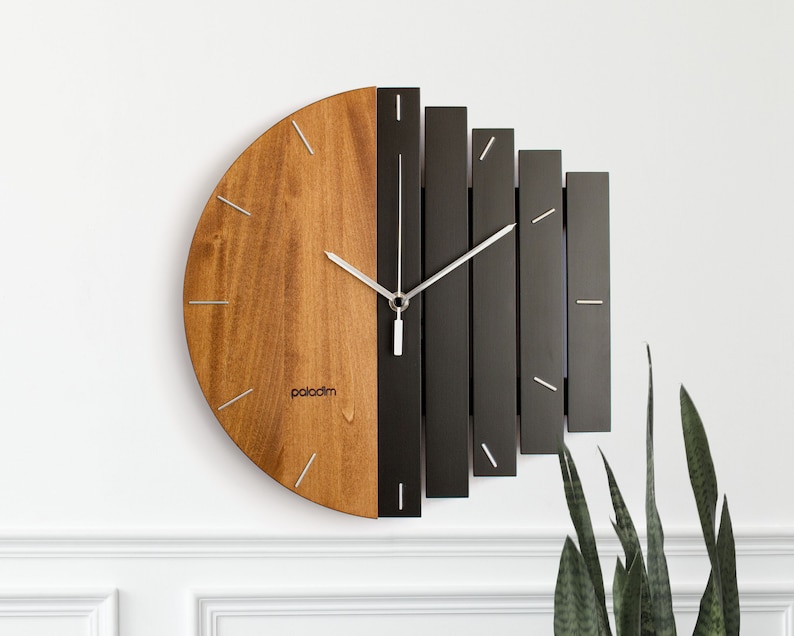 Industrial 12 Wooden Wall Clock, Yin and Yang Concept, Unique Component Wall Clock, Home Decor Gift, Unusual Personalized Handmade Gift dark linden / black