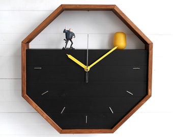 Geometric Wall Clock, Octagon Clock, Wall Shelf Storage, Designer Shelf Clock, Unique Wall Clock, Bespoke Wooden Inventions by Paladim