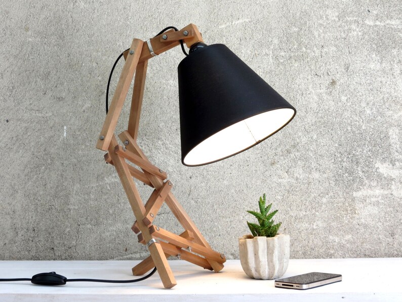 Wooden Lamp Desk Bedside Reading Industrial Shade Geometric Rustic Decor Adjustable Night