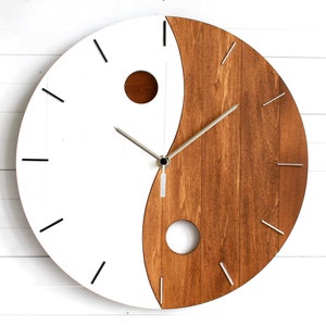 Yoga Wall Clock ZEN 12, TAO/DAO Yin Yang Wood Clock, Spiritual Wall Clock for Meditation Room, Modern Art Round Wooden Clock dark linden/white