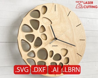 Fichier numérique d'horloge murale futuriste organique - SVG/DXF pour découpe laser CNC ou routeur, « Kletka »