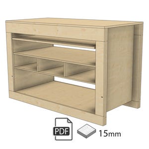 May include: A light-colored wooden cabinet with multiple shelves and compartments. The cabinet has a rectangular shape with an open back and a PDF icon and the text "15mm" in the lower right corner.